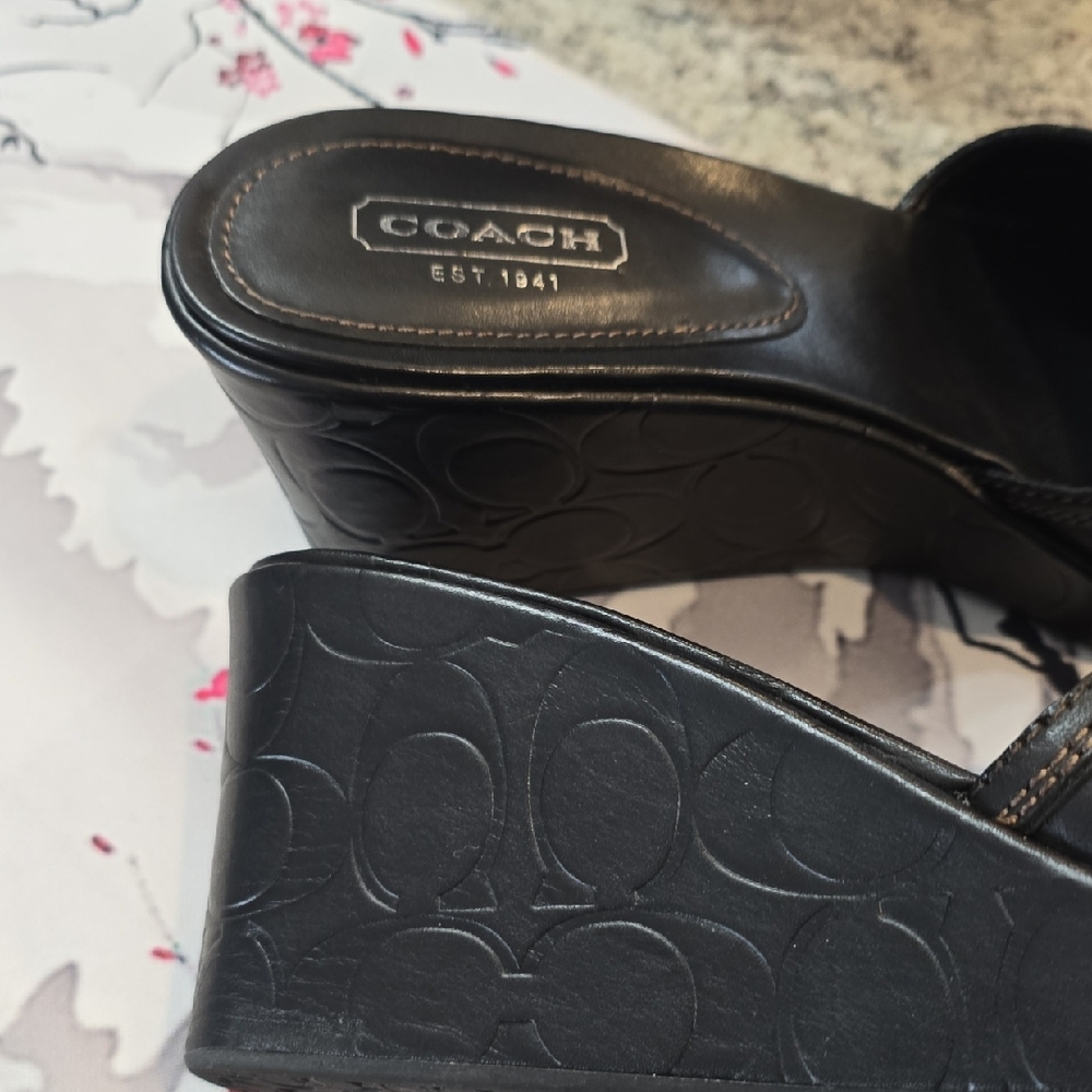 COACH Dark Brown Leather Slide Mules with Silver Buckle Rings - Picture 6 of 7